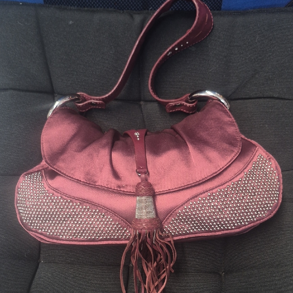 Francesco Biasia Stylish Wine Tassel Shoulder Bag with Stud Accents